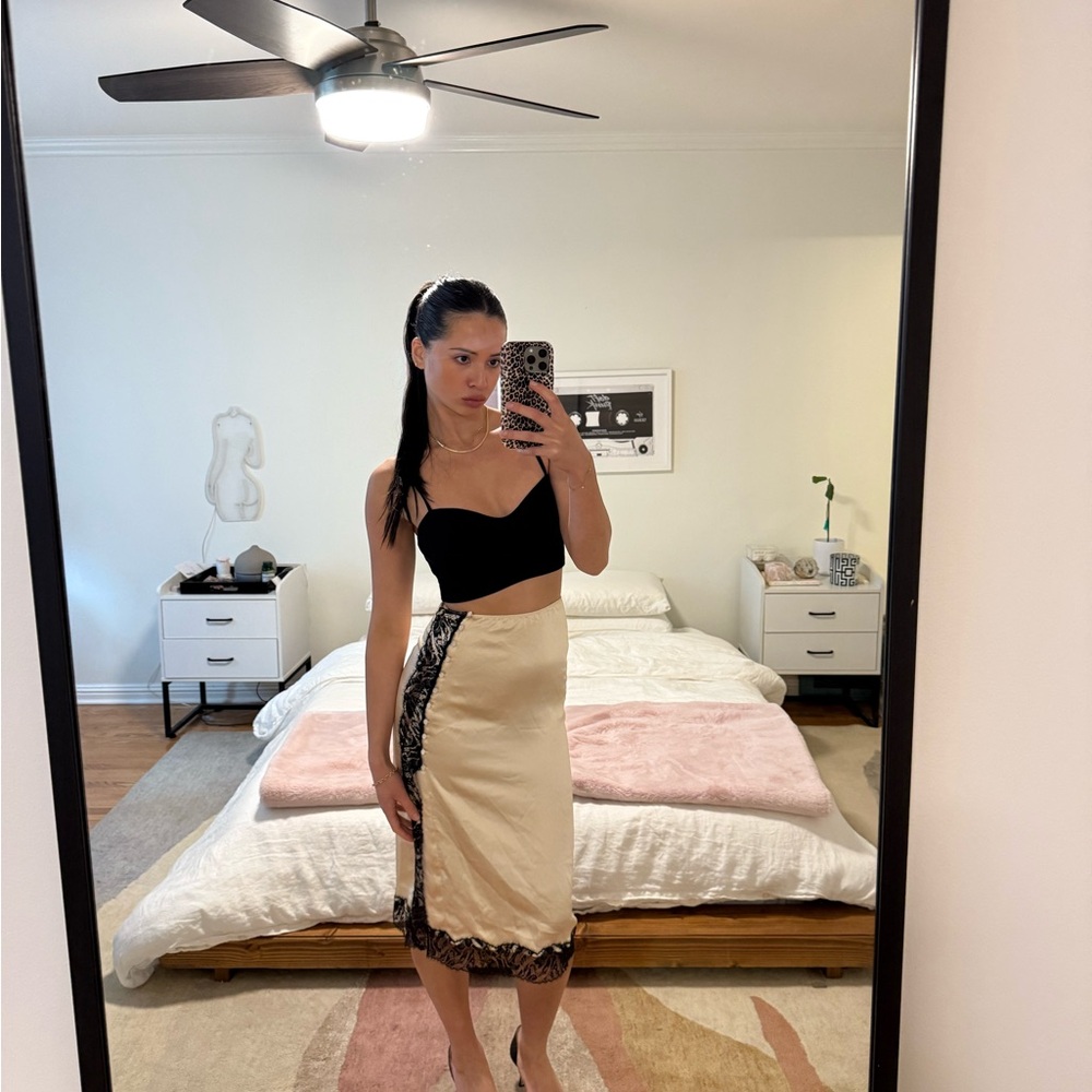 Elegant Cream and Black Lace Trim Skirt